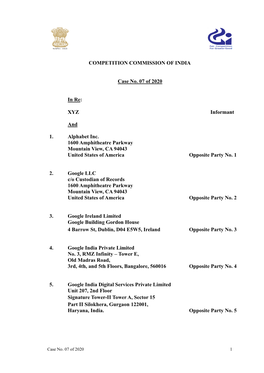 COMPETITION COMMISSION of INDIA Case No. 07 of 2020 in Re