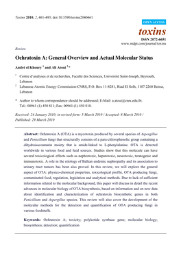 Ochratoxin A: General Overview and Actual Molecular Status