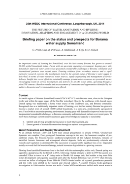 Briefing Paper on the Status and Prospects for Borama Water Supply Somaliland