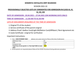 Kendriya Vidyalaya Crpf Mudkhed Session 2021-22