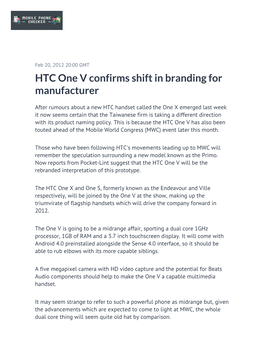 HTC One V Confirms Shift in Branding for Manufacturer