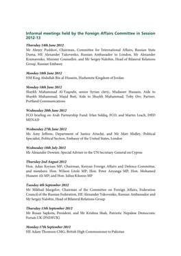 Informal Meetings Held by the Foreign Affairs Committee in Session 2012-13