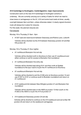 A14 Cambridge to Huntingdon, Cambridgeshire: Major Improvements Construction Work on the New A14 Cambridge to Huntingdon Scheme Is Underway