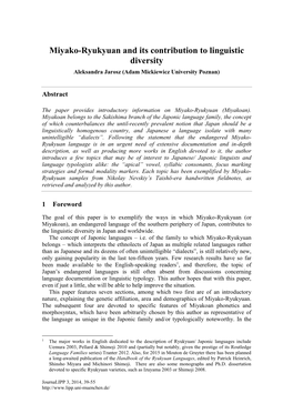 Aleksandra Jarosz, Miyako-Ryukyuan and Its Contribution to Linguistic