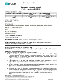 Xenazine (Tetrabenazine) Policy Number: C3894A