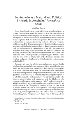 Feminine Io As a Natural and Political Principle in Aeschylus' Prometheus Bound