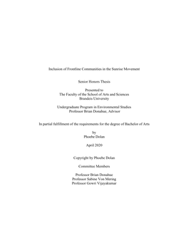 Inclusion of Frontline Communities in the Sunrise Movement Senior Honors Thesis Presented to the Faculty of the School of Arts