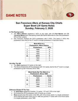 San Francisco 49Ers at Kansas City Chiefs Super Bowl LIV Game Notes Sunday, February 2, 2020