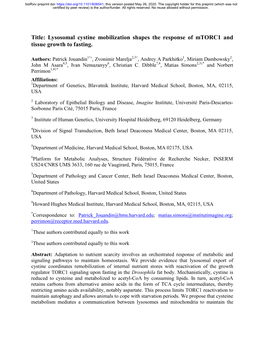 Title: Lysosomal Cystine Mobilization Shapes the Response of Mtorc1 and Tissue Growth to Fasting