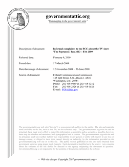 Complaints to the FCC About the Sopranos Television Show, 2003–2009