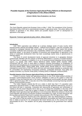 Possible Impacts of the Common Agricultural Policy Reform on Development of Agriculture in the Jihlava District