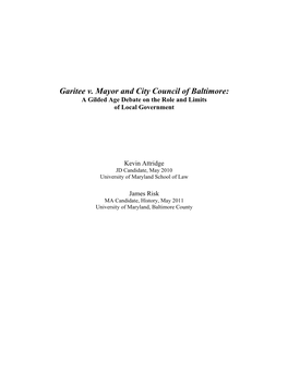 Garitee V. Mayor and City Council of Baltimore: a Gilded Age Debate on the Role and Limits of Local Government