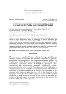 Mountain Border Area of Eastern Serbia in the Function of the Spring Zones of Surface Water