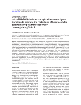 Original Article Microrna-96-5P Induces the Epithelial