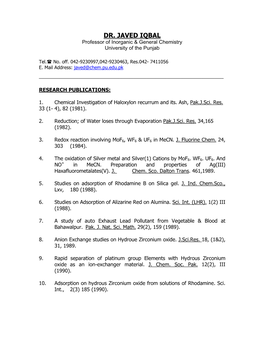 DR. JAVED IQBAL Professor of Inorganic & General Chemistry University of the Punjab