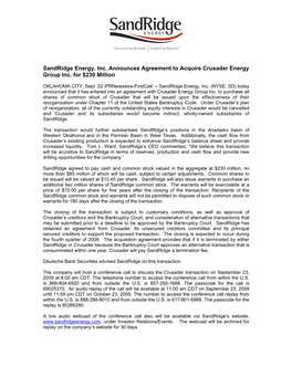 Sandridge Energy, Inc. Announces Agreement to Acquire Crusader Energy Group Inc