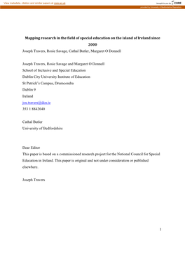 Mapping Research in the Field of Special Education on the Island of Ireland Since 2000 Joseph Travers, Rosie Savage, Cathal Butler, Margaret O Donnell