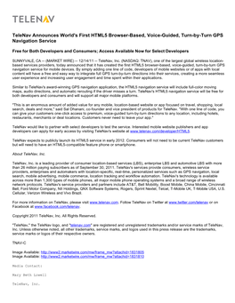 Telenav Announces World's First HTML5 Browser-Based, Voice-Guided, Turn-By-Turn GPS Navigation Service