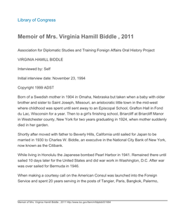 Memoir of Mrs. Virginia Hamill Biddle , 2011