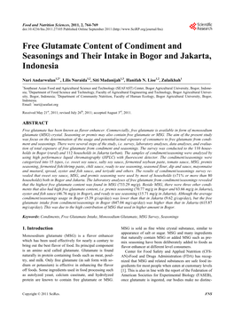 Free Glutamate Content of Condiment and Seasonings and Their Intake in Bogor and Jakarta, Indonesia