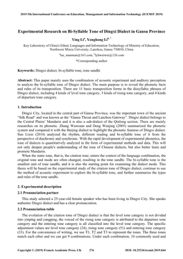 Experimental Research on Bi-Syllable Tone of Dingxi Dialect in Gansu Province