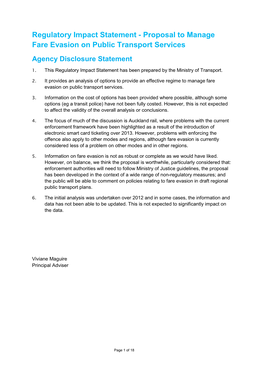 Proposal to Manage Fare Evasion on Public Transport Services Agency Disclosure Statement