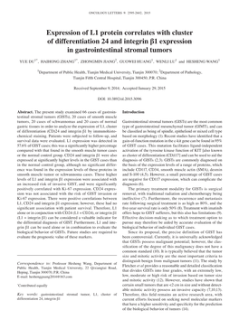 Expression of L1 Protein Correlates with Cluster of Differentiation 24 and Integrin Β1 Expression in Gastrointestinal Stromal Tumors