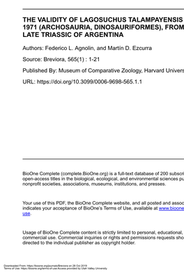 The Validity of Lagosuchus Talampayensis Romer, 1971 (Archosauria, Dinosauriformes), from the Late Triassic of Argentina