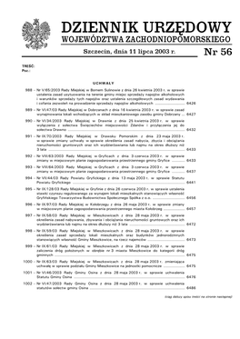 WOJEWÓDZTWA ZACHODNIOPOMORSKIEGO Szczecin, Dnia 11 Lipca 2003 R