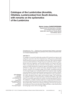 Catalogue of the Lumbricidae (Annelida, Clitellata, Lumbricoidea) from South America, with Remarks on the Systematics of the Lumbricina