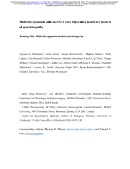 Midbrain Organoids with an SNCA Gene Triplication Model Key Features of Synucleinopathy