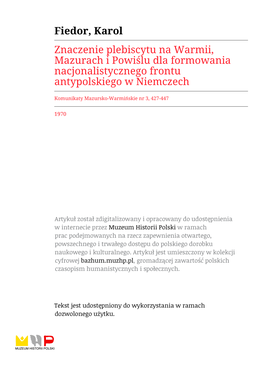 Znaczenie Plebiscytu Na Warmii, Mazurach I Powiślu Dla Formowania Nacjonalistycznego Frontu Antypolskiego W Niemczech