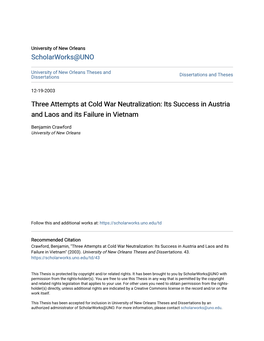 Three Attempts at Cold War Neutralization: Its Success in Austria and Laos and Its Failure in Vietnam