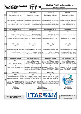 AEGON GB Pro-Series Bath ORDER of PLAY Thursday, 22 March 2012