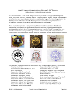 Jewish Fraternal Organizations of the Early 20Th Century Hal Bookbinder (Hal.Bookbinder@Ucla.Edu)