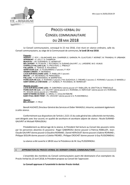 Proces-Verbal Du Conseil Communautaire Du 28Mai 2018