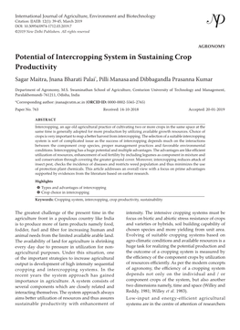 Potential of Intercropping System in Sustaining Crop Productivity Sagar Maitra, Jnana Bharati Palai*, Pilli Manasa and Dibbagandla Prasanna Kumar