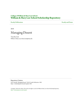 Managing Dissent Timothy Zick William & Mary Law School, Tzick@Wm.Edu