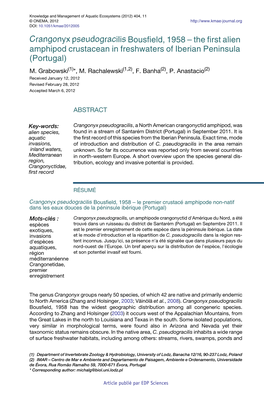 Crangonyx Pseudogracilis Bousfield, 1958 – the First Alien Amphipod Crustacean in Freshwaters of Iberian Peninsula (Portugal) M