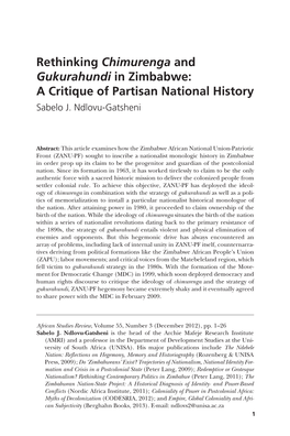 Rethinking Chimurenga and Gukurahundi in Zimbabwe: a Critique of Partisan National History Sabelo J