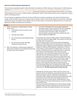 Advocacy and Influencing Impact Reporting Tool This Tool Has Been Developed to Gather Further Information and Evidence on CARE