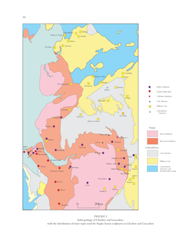 FIGURE 3 Solid Geology of Cheshire and Lancashire, with the Distribution of Stone Types Used for Anglo-Saxon Sculptures in Chesh