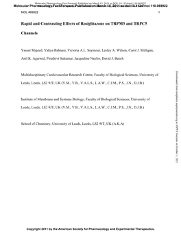 Rapid and Contrasting Effects of Rosiglitazone on TRPM3 and TRPC5