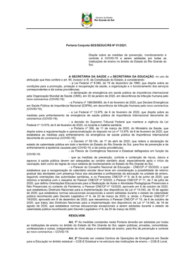 Portaria Conjunta SES-SEDUC-RS Nº 01/2021