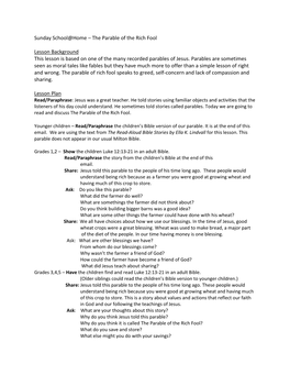 Sunday School@Home – the Parable of the Rich Fool Lesson Background This Lesson Is Based on One of the Many Recorded Parables