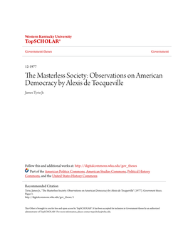 Observations on American Democracy by Alexis De Tocqueville James Tyrie Jr