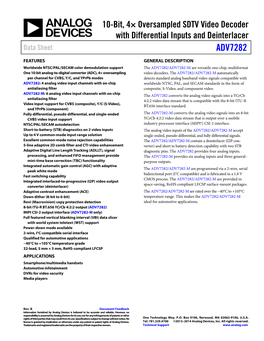 ADV7282: 10-Bit, 4× Oversampled SDTV Video Decoder with Differential Inputs and Deinterlacer Data Sheet