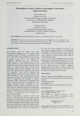 Roland HOUART Research Associate Institut Royal Des Sciences Naturelles De Belgique Rue Vautier, 29, 1000 Bruxelles, Belgium Roland.Houart@Skynet.Be