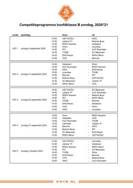 Competitieprogramma Hoofdklasse B Zondag, 2020/'21