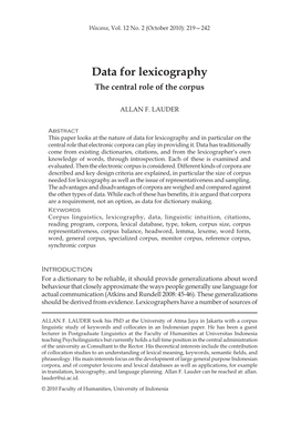 Data for Lexicography the Central Role of the Corpus